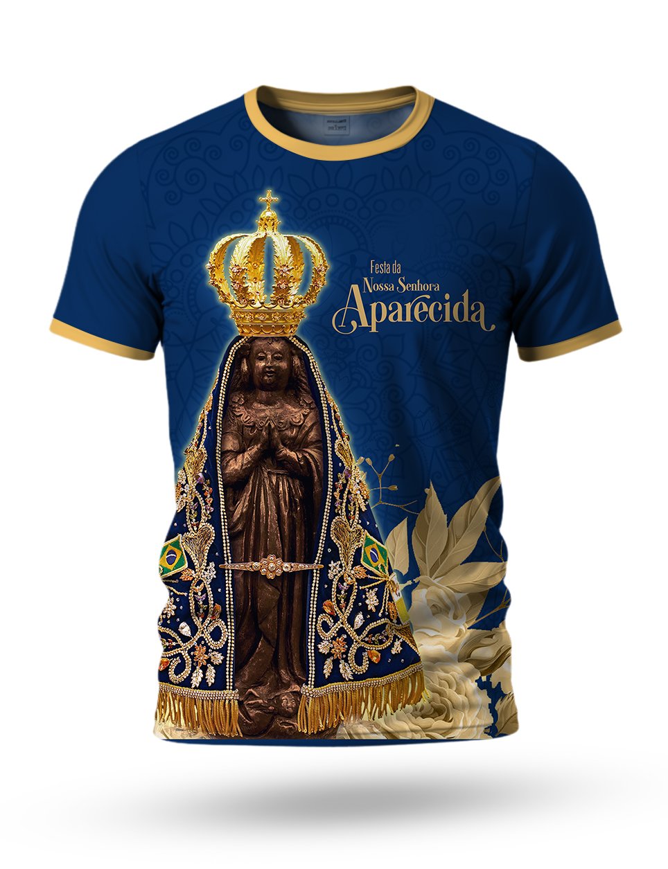 Arte Camiseta de Nossa Senhora Aparecida 01 tema azul e dourado