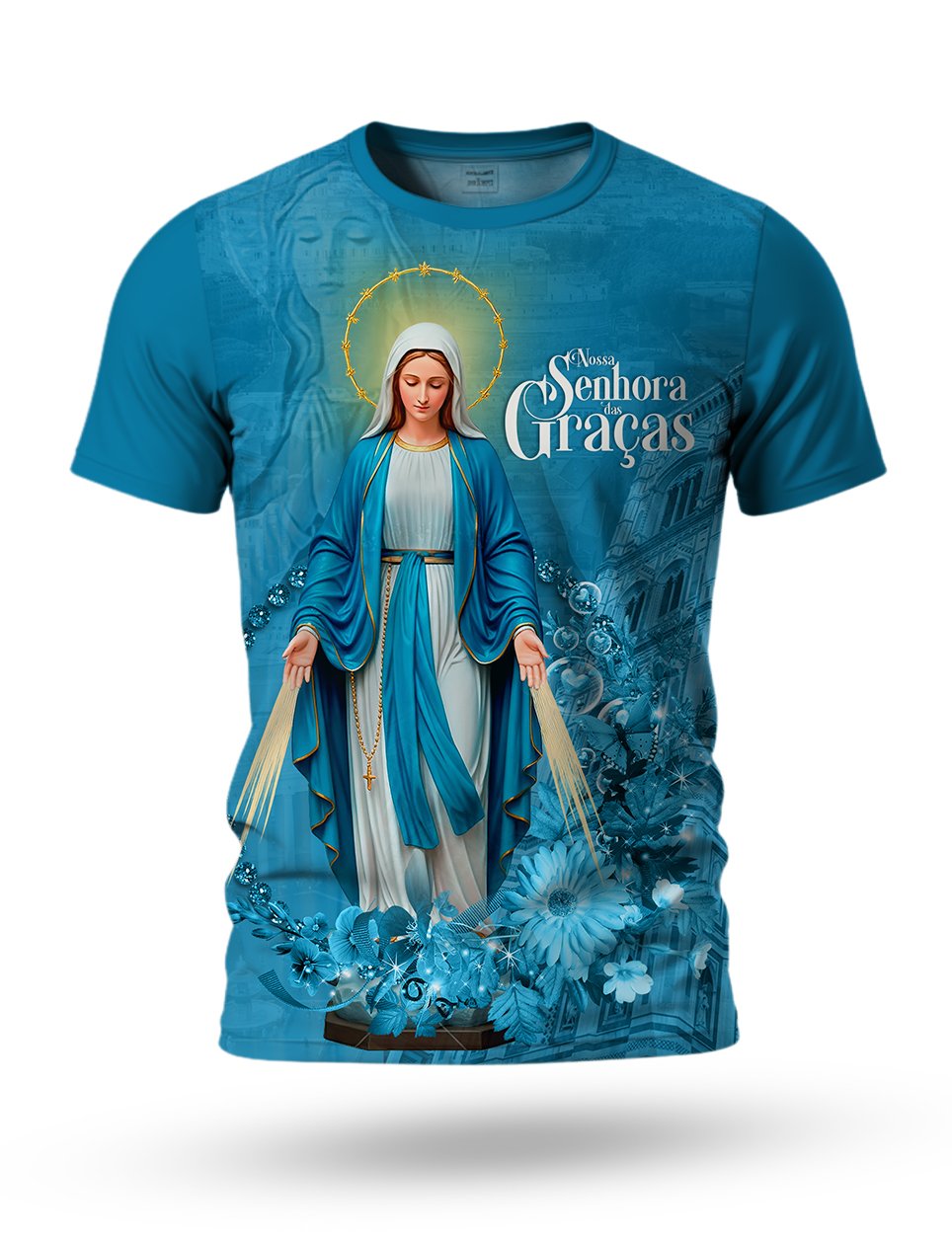 Arte Camiseta de Nossa Senhora das Graças 01 tema azul floral
