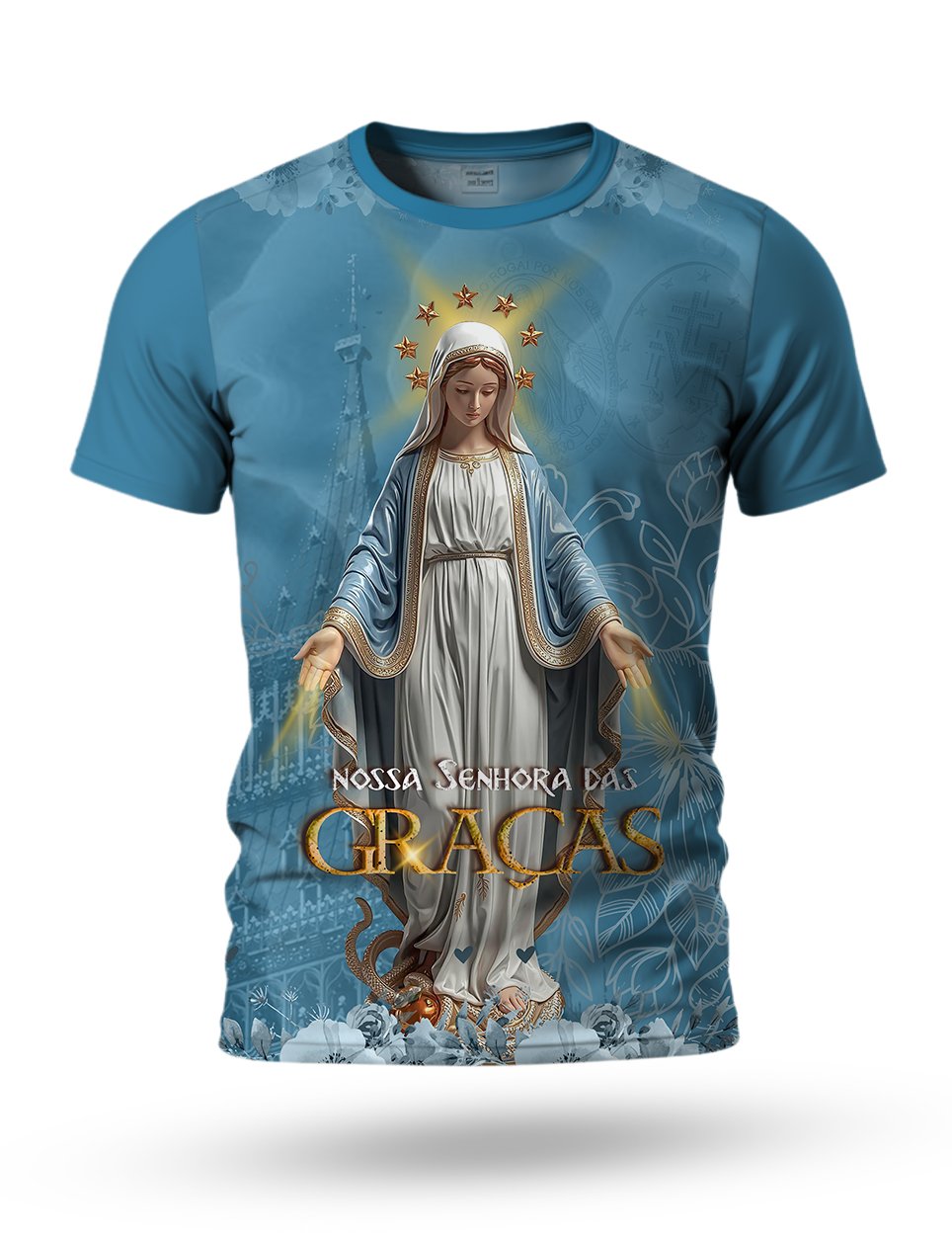 Arte Camiseta de Nossa Senhora das Graças 02 tema azul
