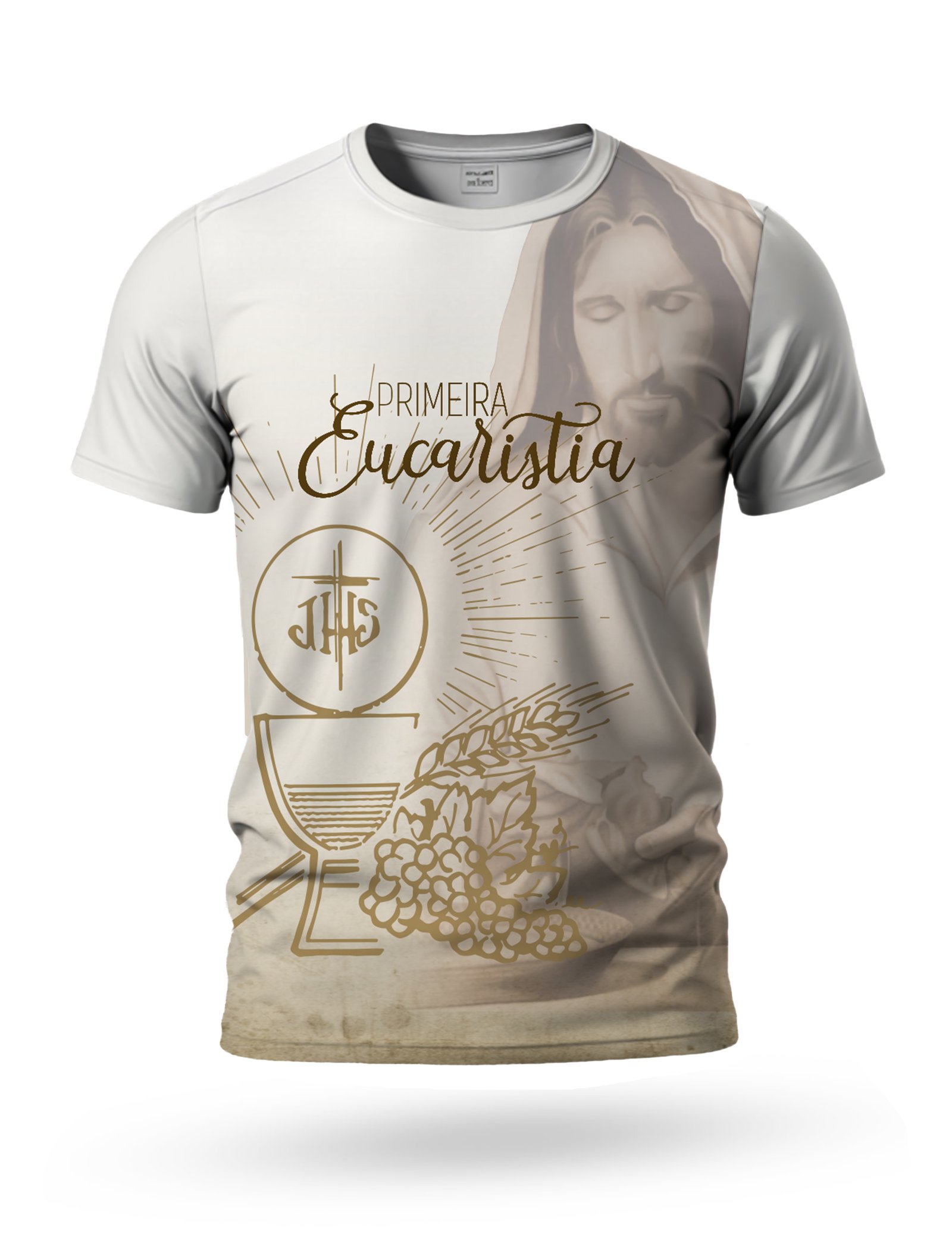 Arte Camiseta Primeira Eucaristia para Sublimação 01 tema branco e cinza
