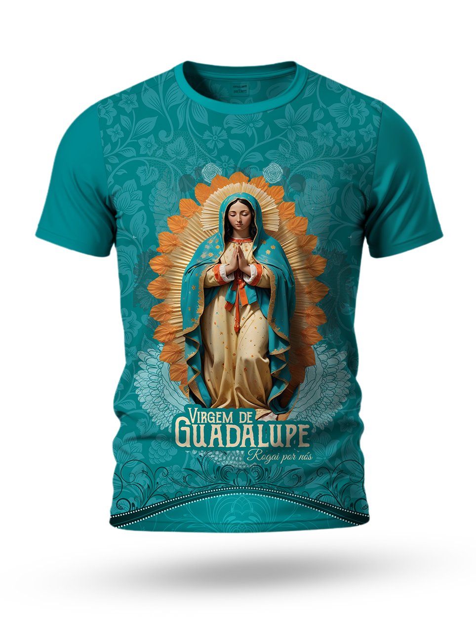 Arte Camiseta Virgem de Guadalupe 01 tema azul piscina