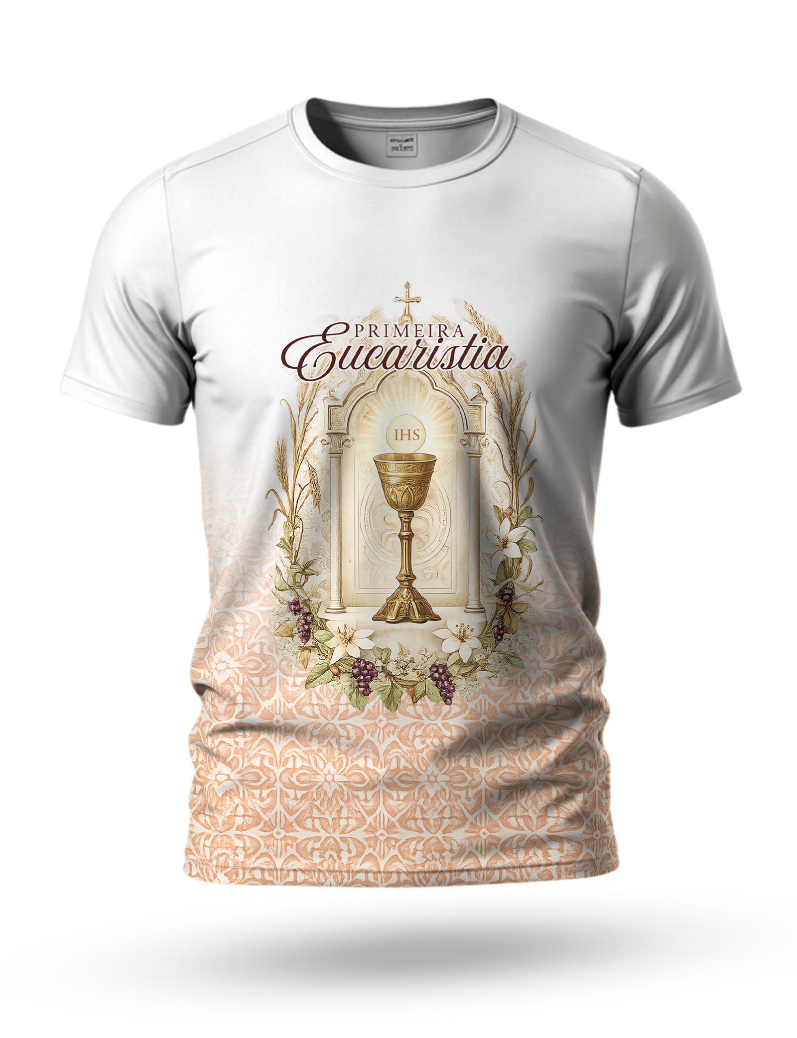 Arte Camiseta Primeira Eucaristia 02 tema branco e laranja