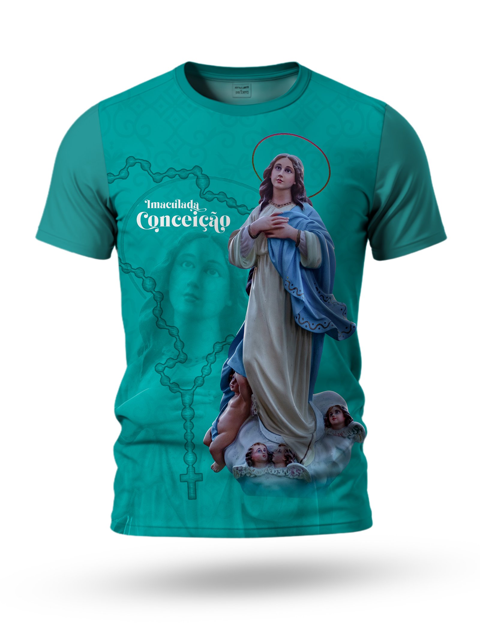 Arte Camiseta de Nossa Senhora Imaculada Conceição 08 tema azul piscina