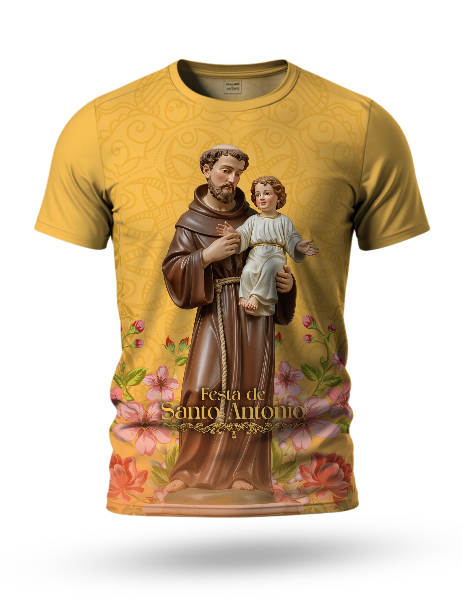 Arte camiseta de Santo Antônio para sublimação 12 tema amarelo floral