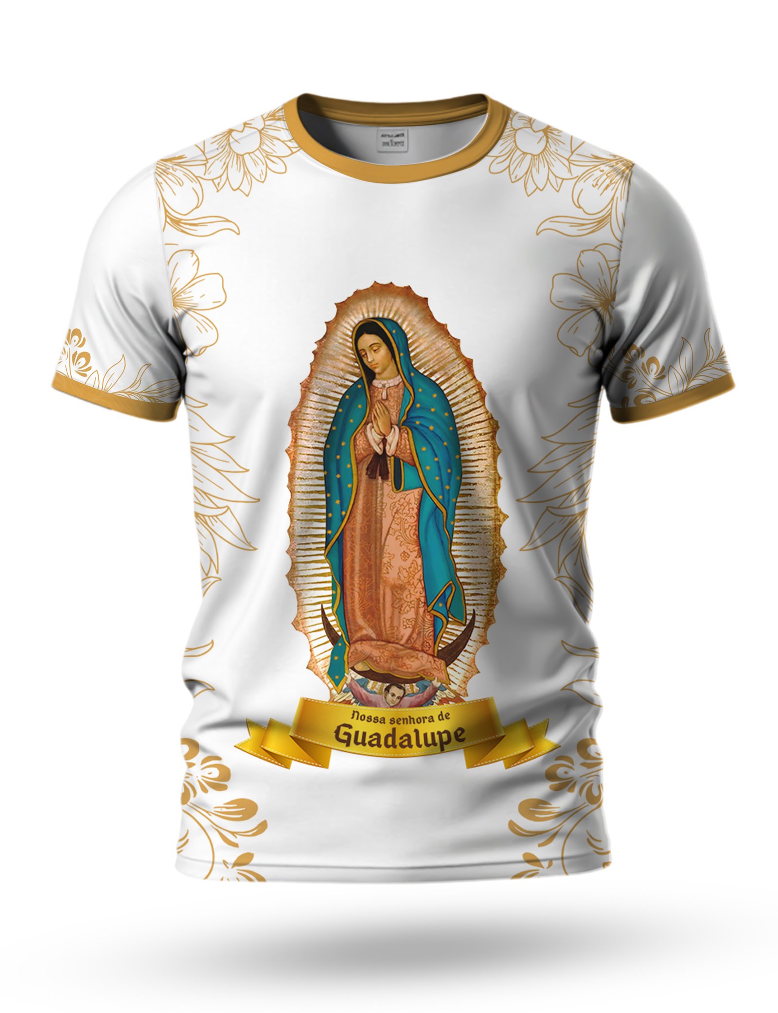 Arte Camiseta Nossa Senhora de Guadalupe 02 tema branco e dourado