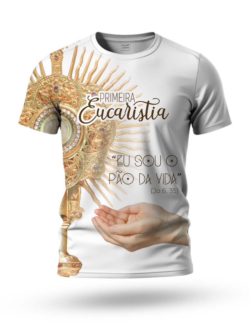 Arte Camiseta Primeira Eucaristia 03 tema branco e dourado