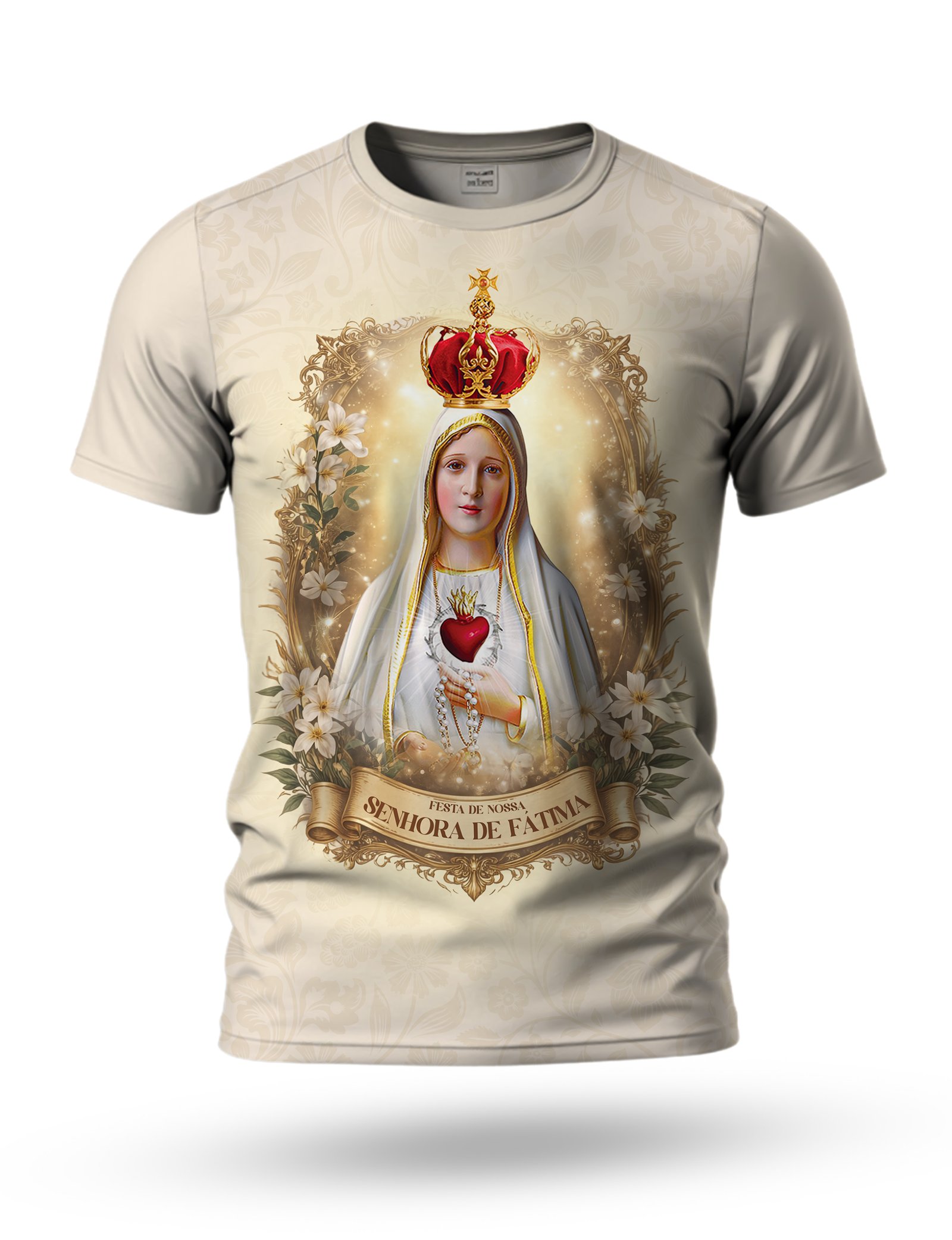 Arte Camiseta de Nossa Senhora de Fátima 01 tema bege e dourado