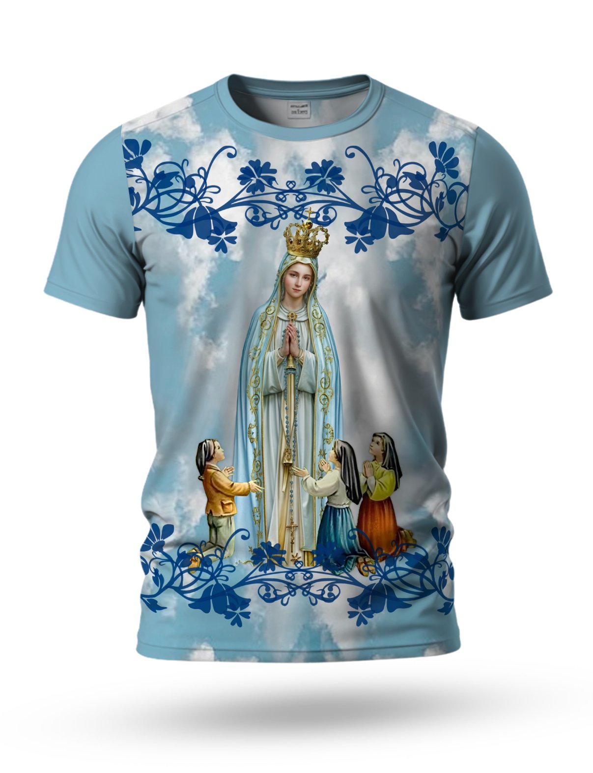 Arte Camiseta Nossa senhora de Fatima e os 3 pastorzinhos 02 tema azul ciano
