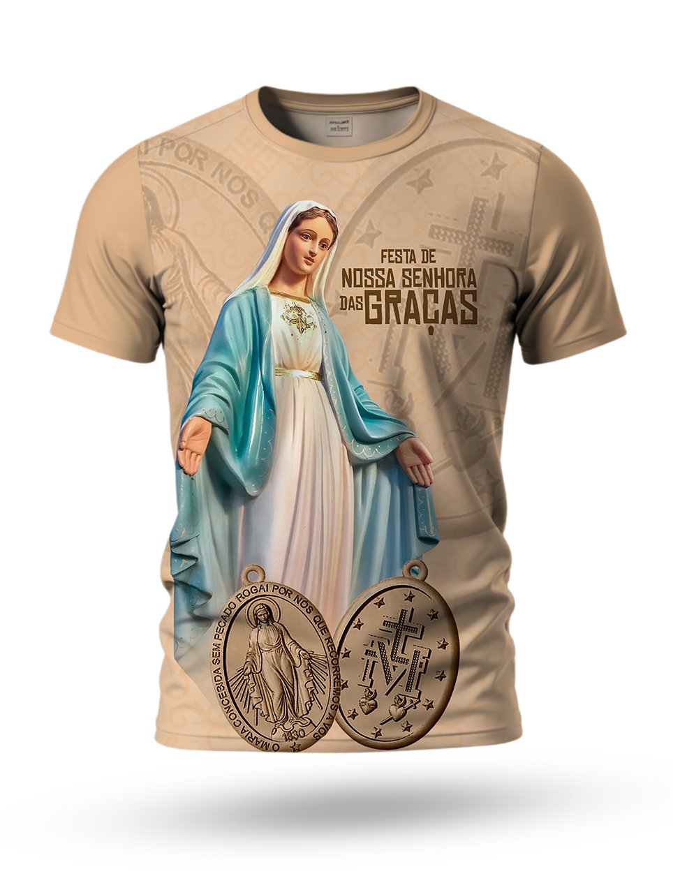 Arte Camiseta de Nossa Senhora das Graças 05 tema bege dourado
