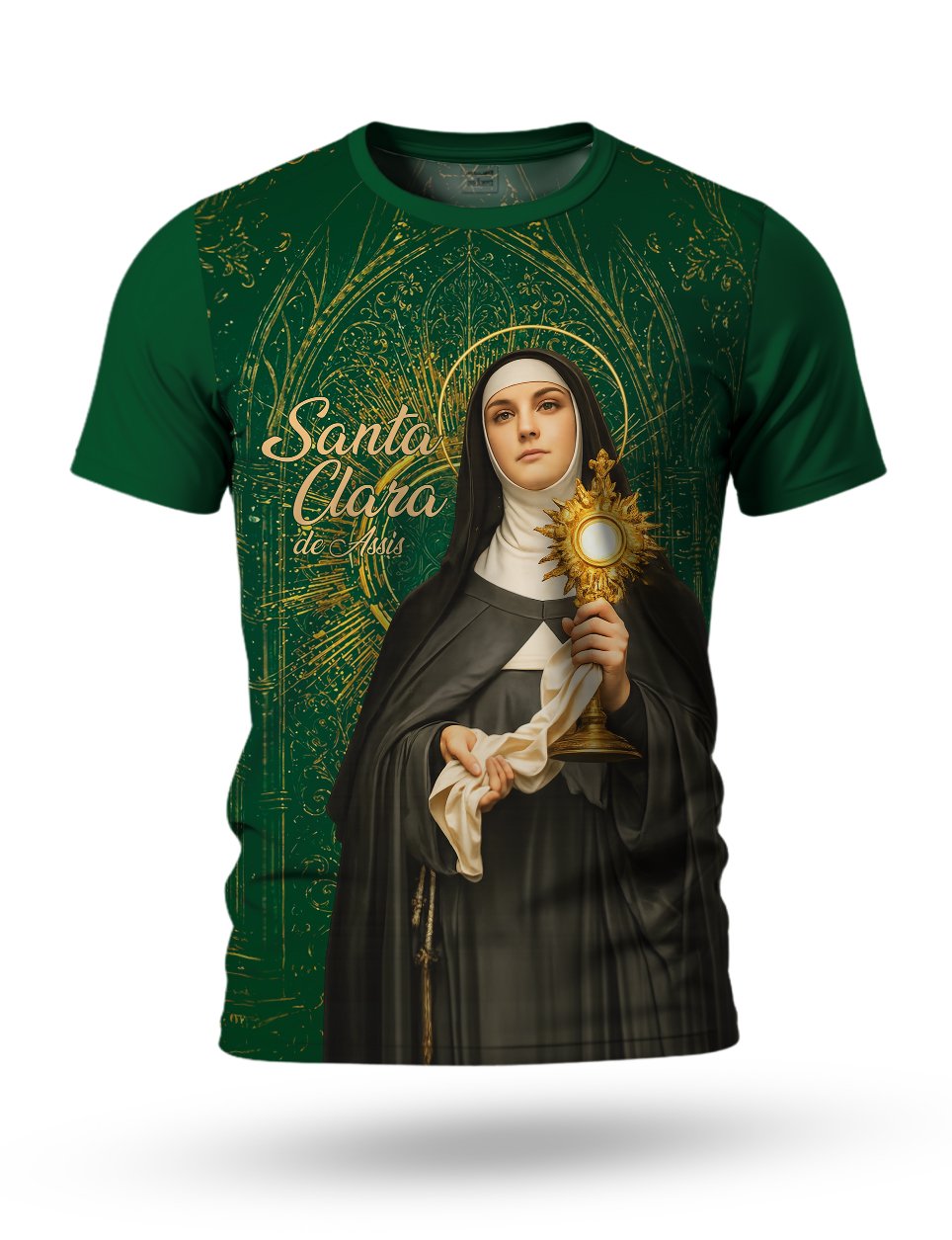 Arte Camiseta de Santa Clara para sublimação 03 tema verde e dourado