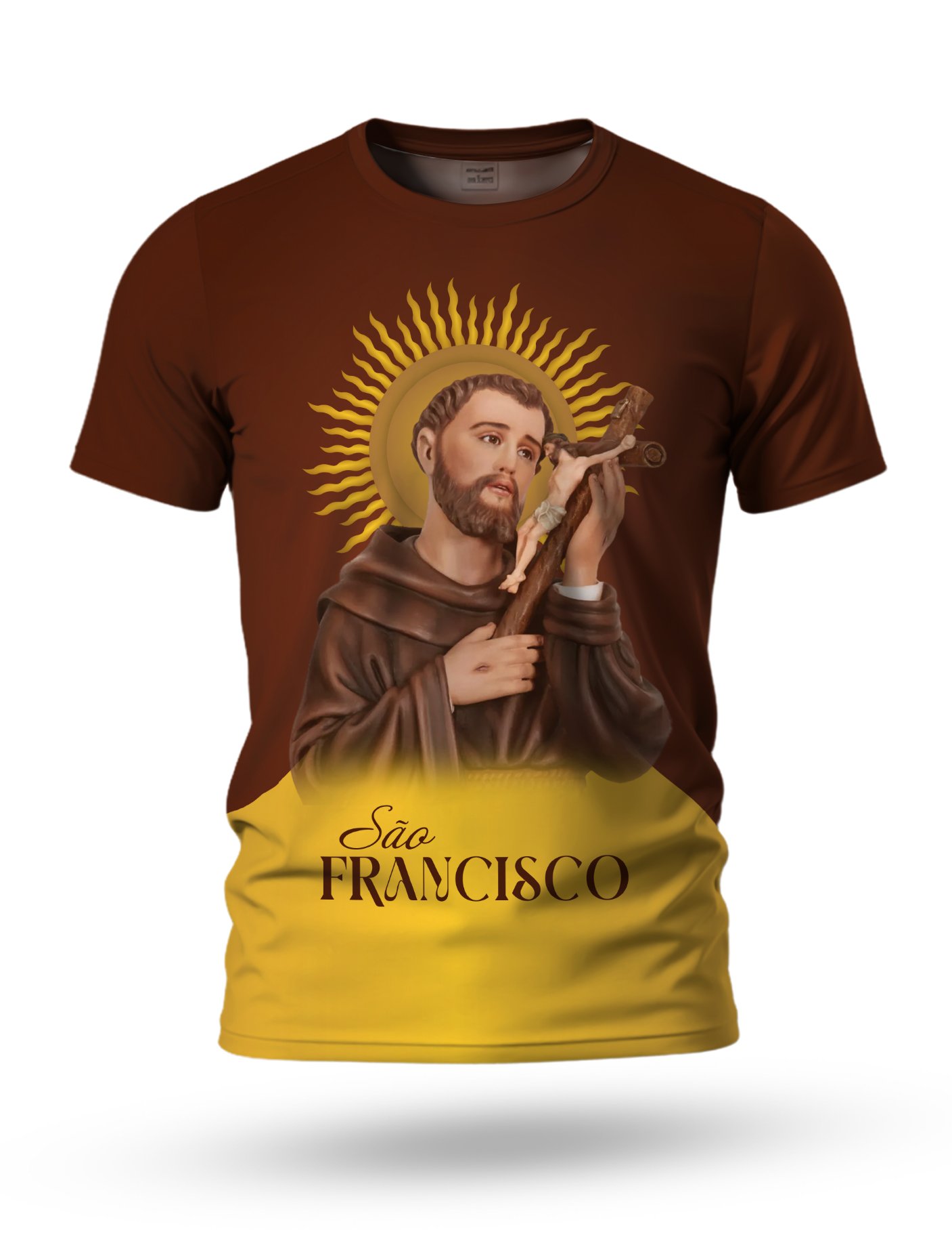 Arte Camiseta São Francisco de Assis 07 tema marrom e dourado