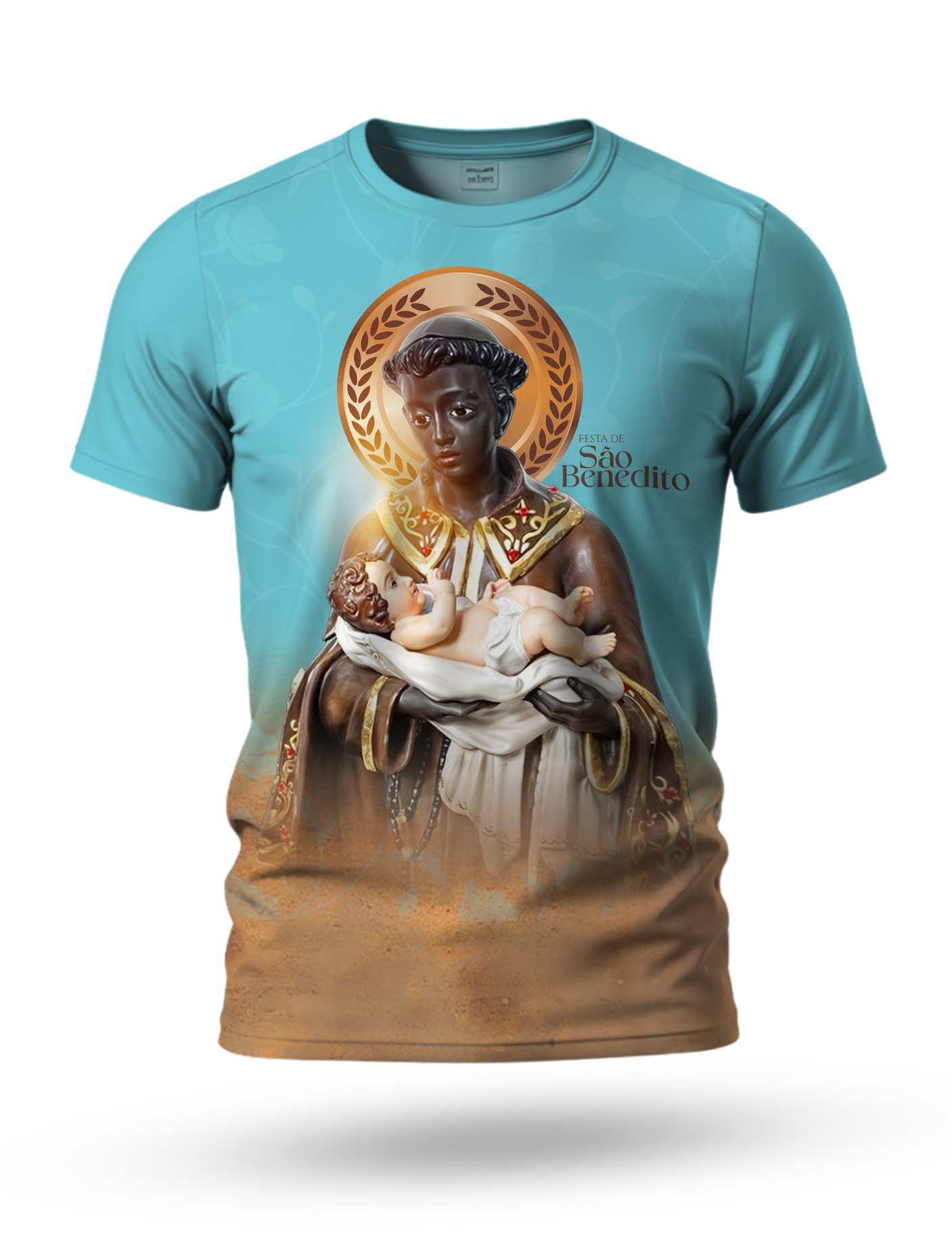 Arte camiseta de São Benedito 03 tema azul e marrom
