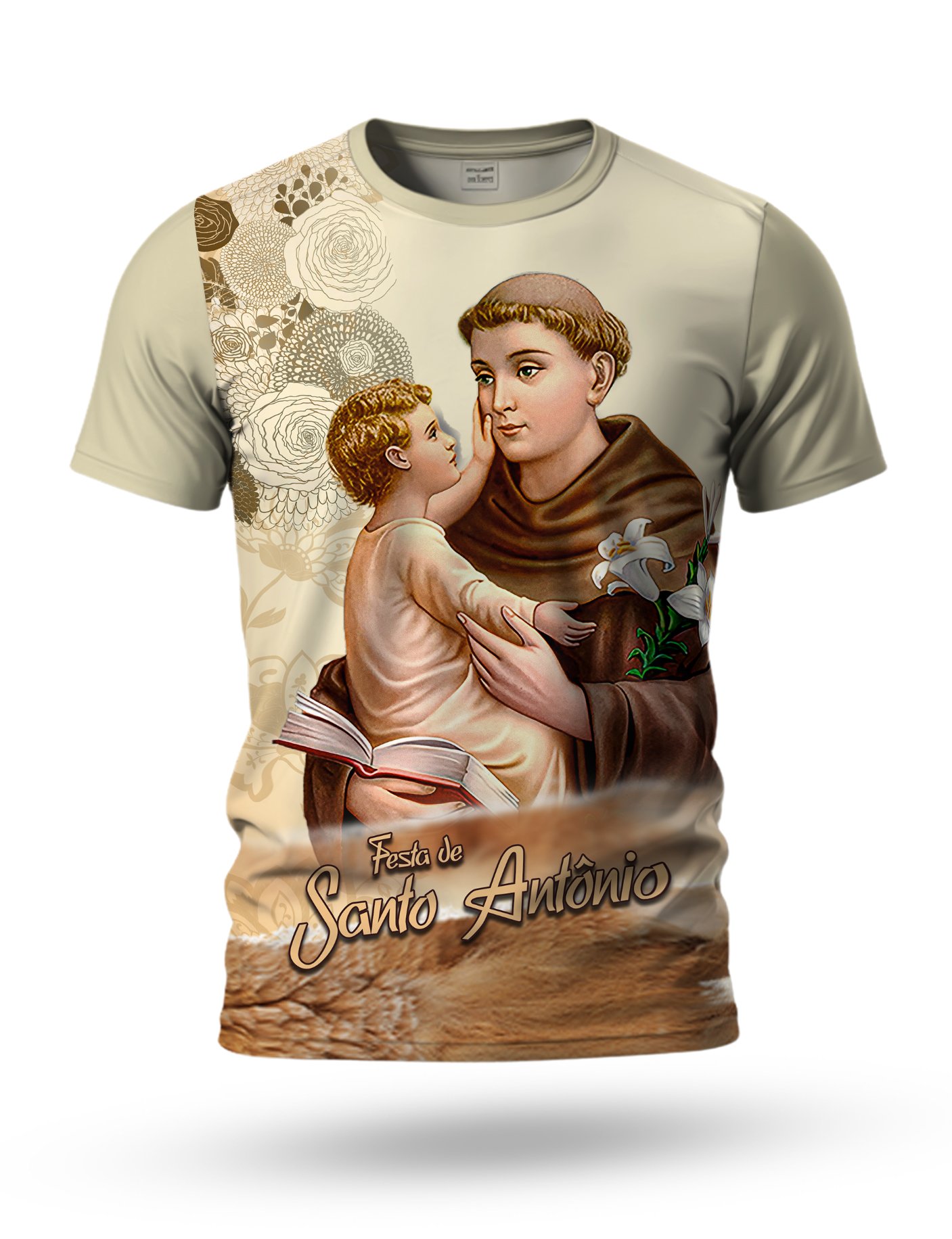 Arte camiseta de Santo Antônio 18 tema bege e marrom
