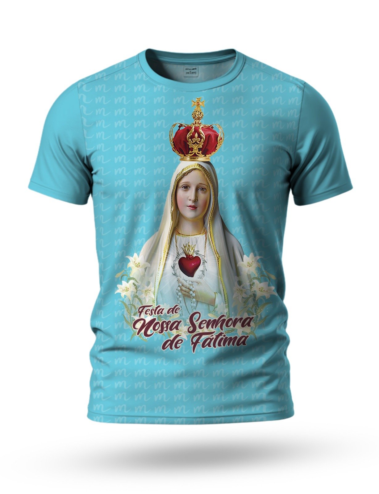 Arte Camiseta de Nossa Senhora de Fátima 04 tema azul ciano