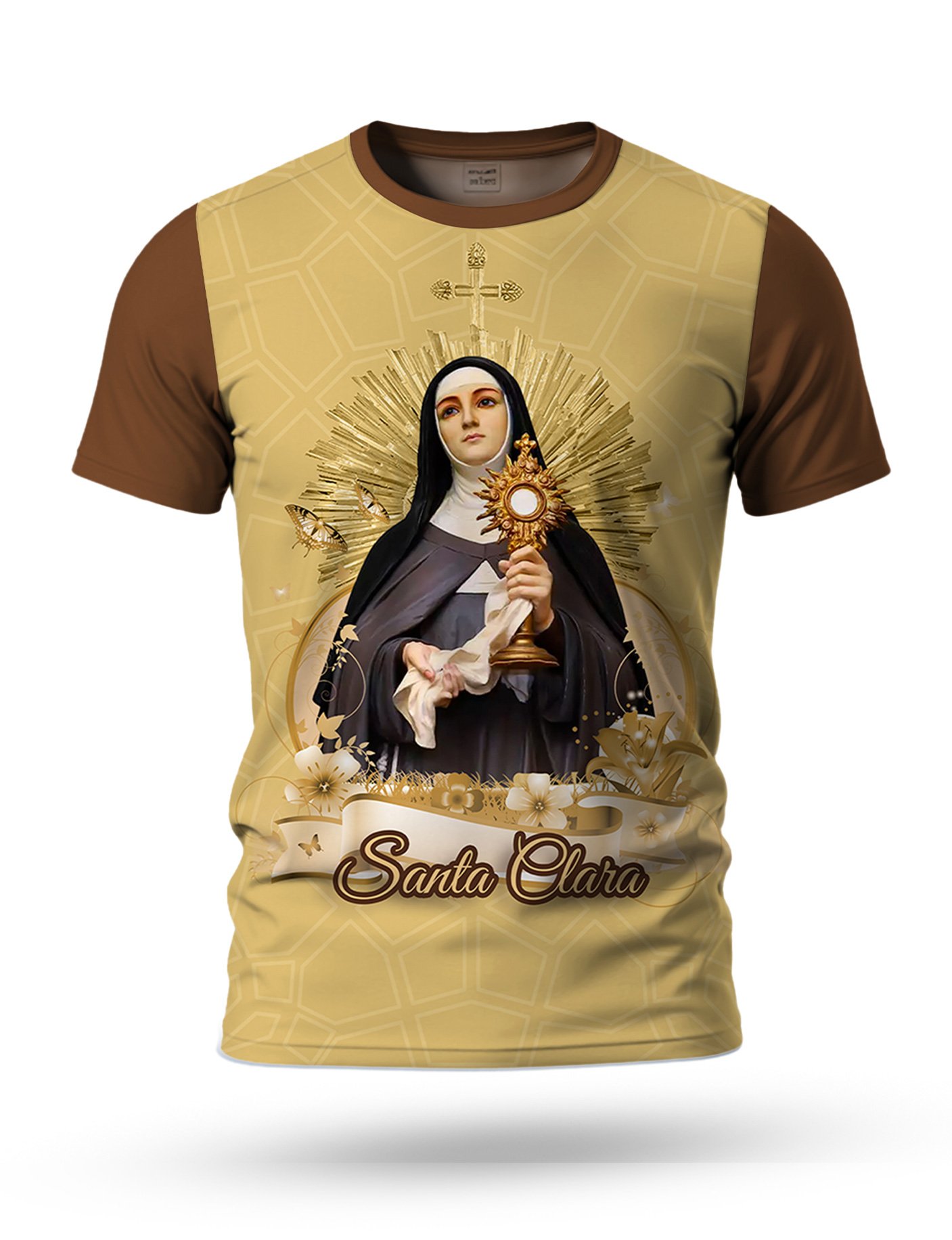 Arte Camiseta de Santa Clara para sublimação 04 tema bege e dourado