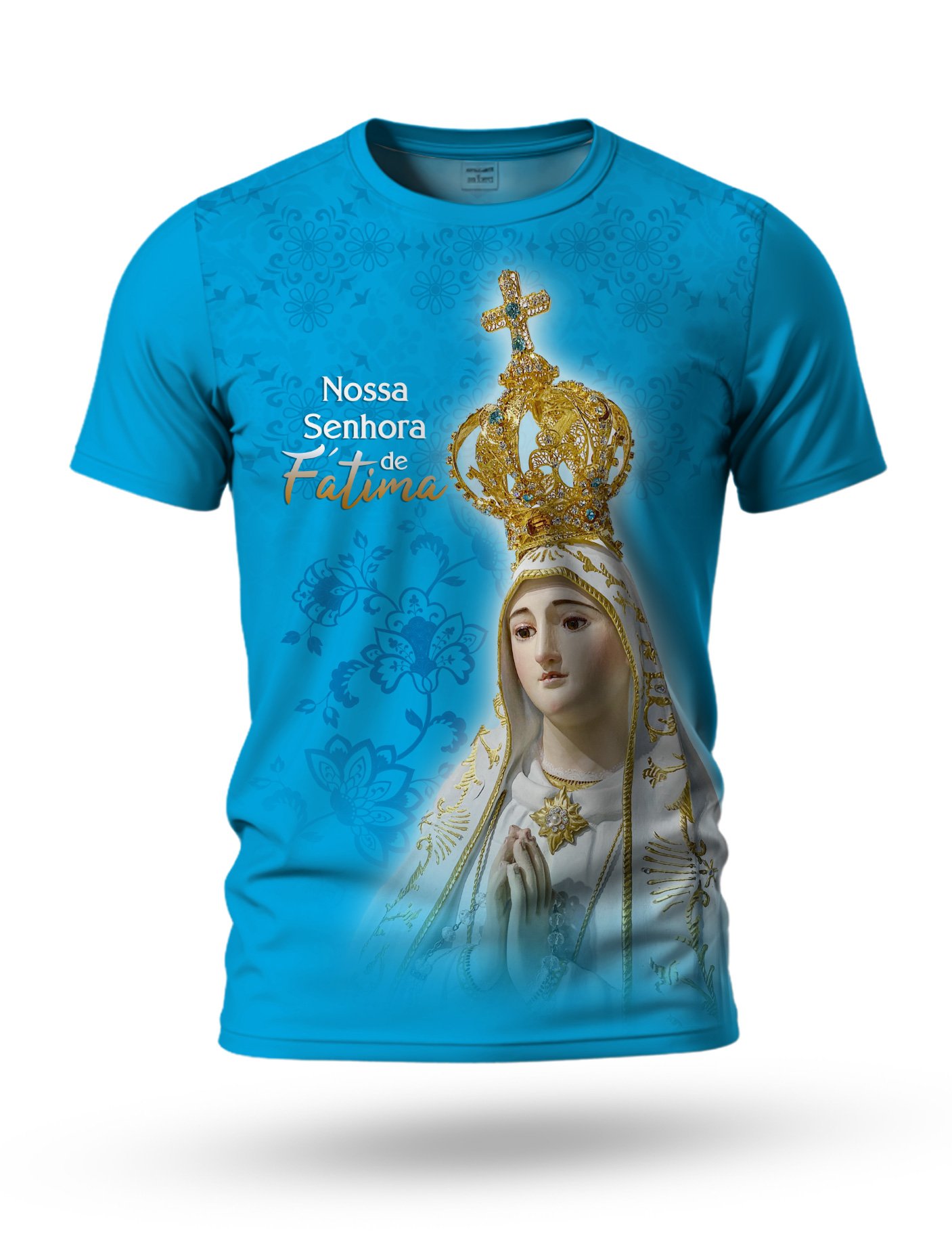 Arte Camiseta de Nossa Senhora de Fátima 05 tema azul claro