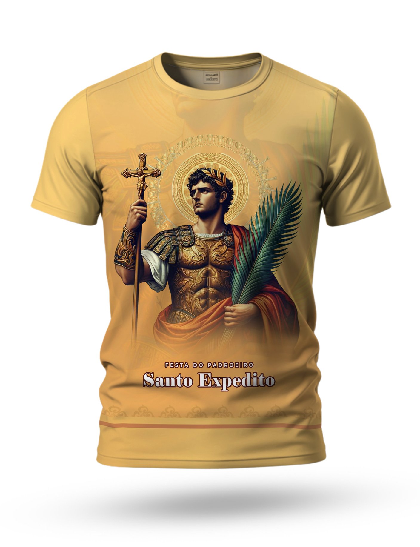 Arte Camiseta Santo Expedito 02 tema amarelo-ouro