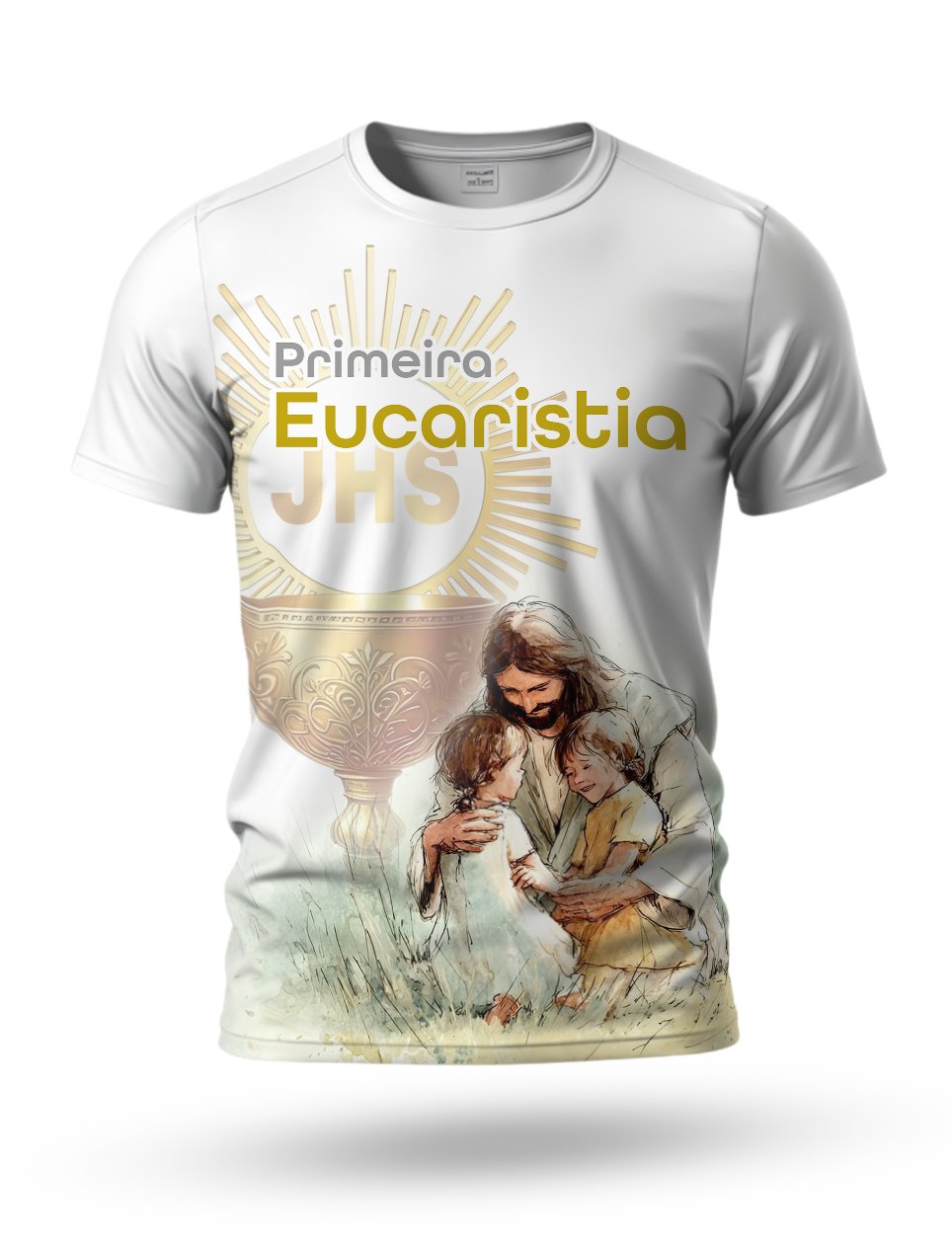 Arte Camiseta Primeira Eucaristia 06 tema branco e amarelo