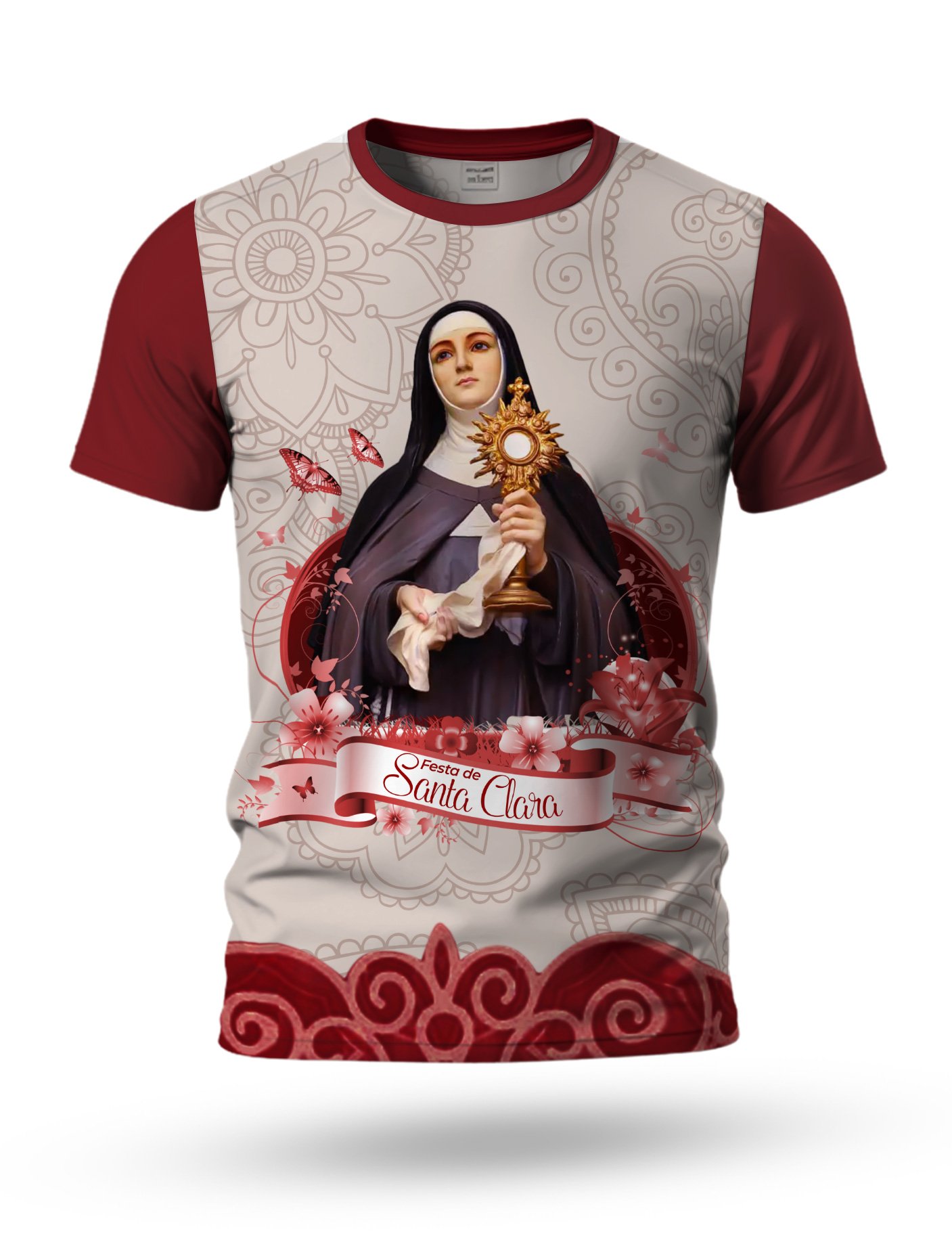 Arte Camiseta de Santa Clara para sublimação 06 tema bege e vinho
