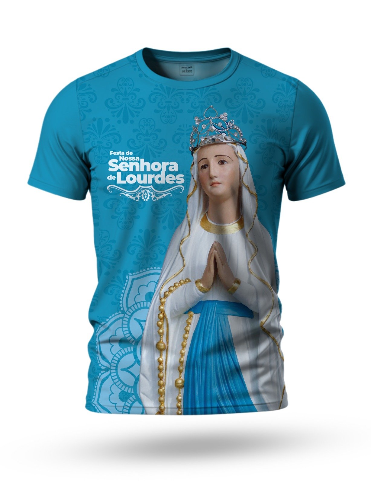 Arte Camiseta de Nossa Senhora de Lourdes sublimação 01 tema azul claro