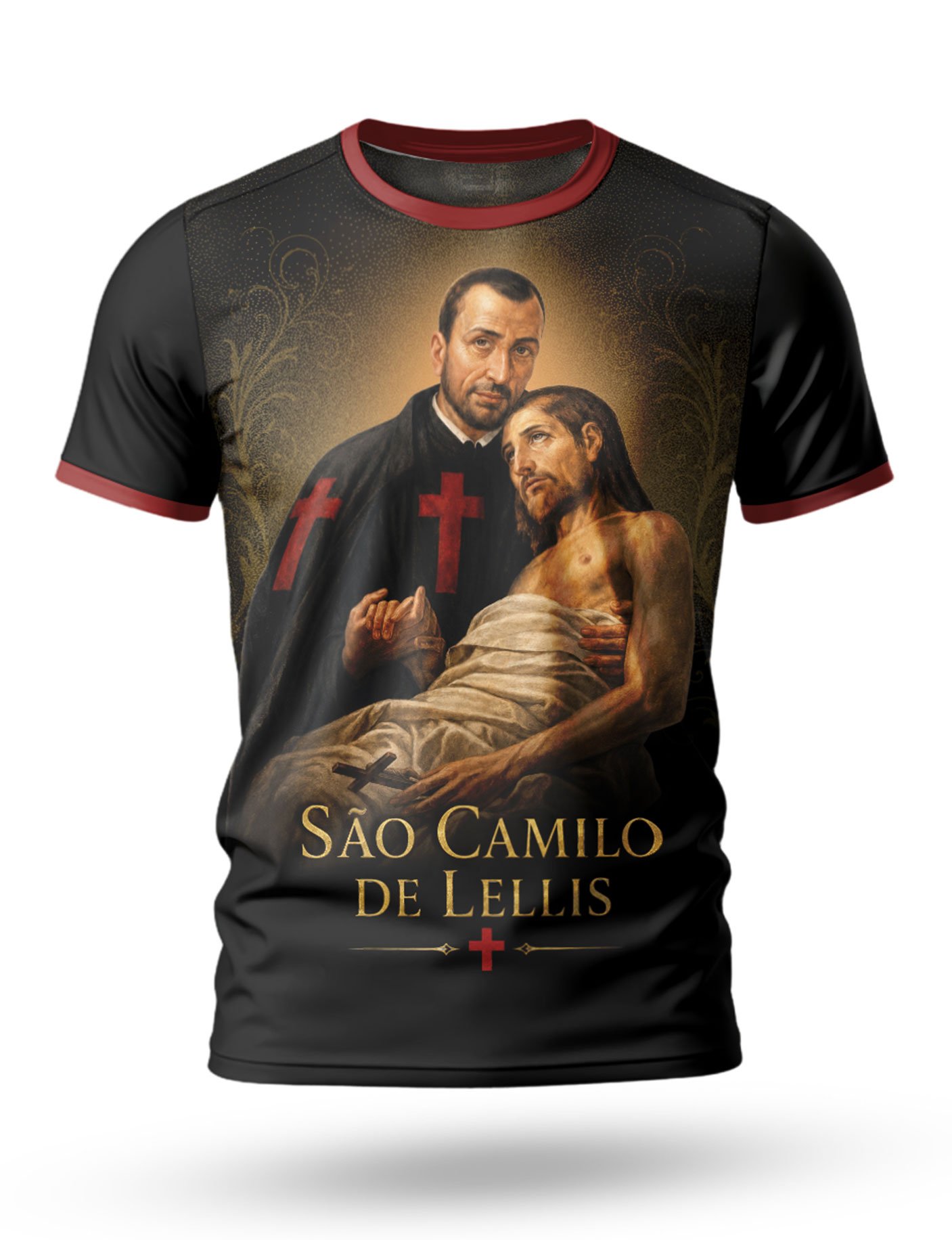 Arte: Arte Camiseta São Camilo de Lellis 01 tema preto e dourado
