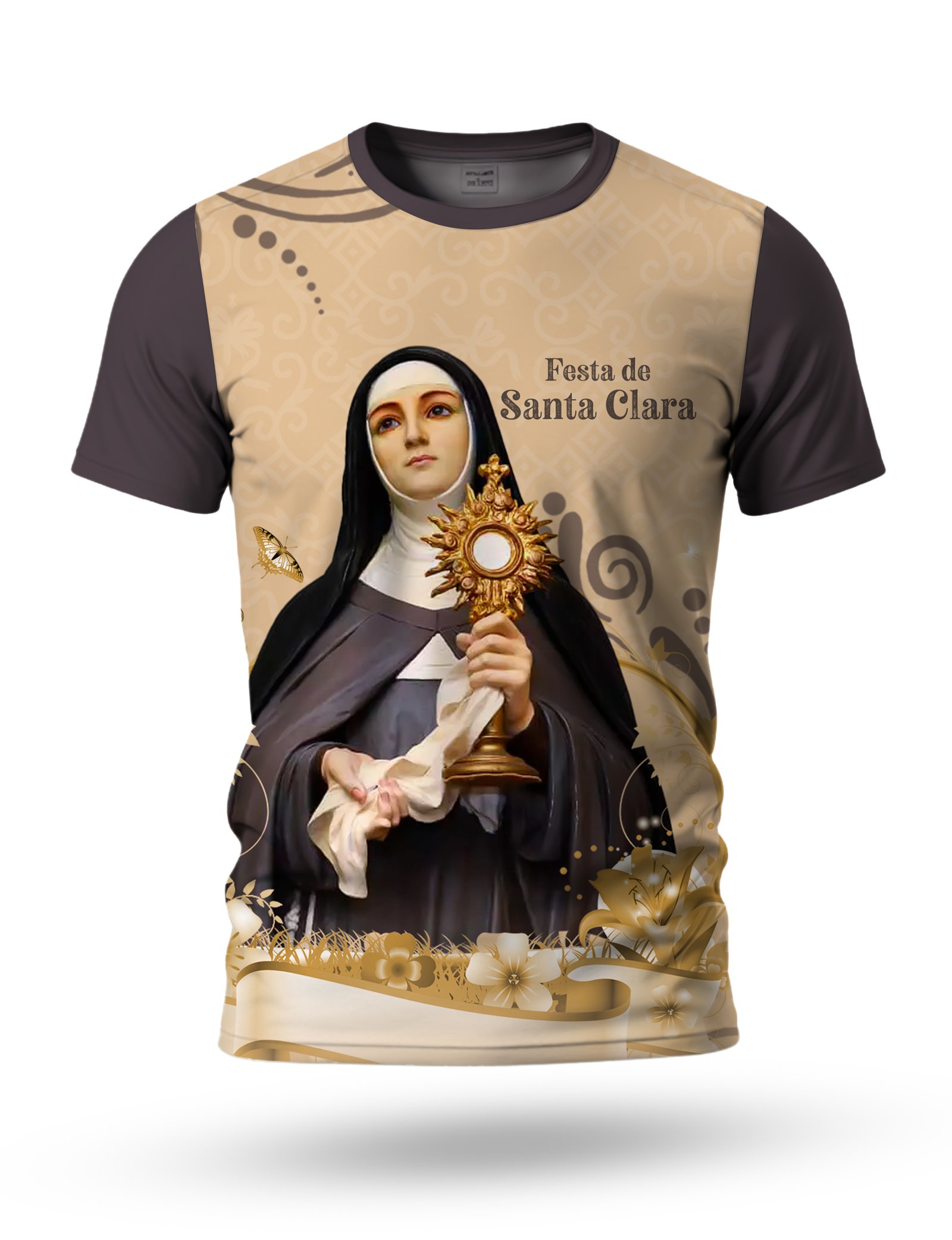 Arte Camiseta de Santa Clara para sublimação 01 tema bege claro