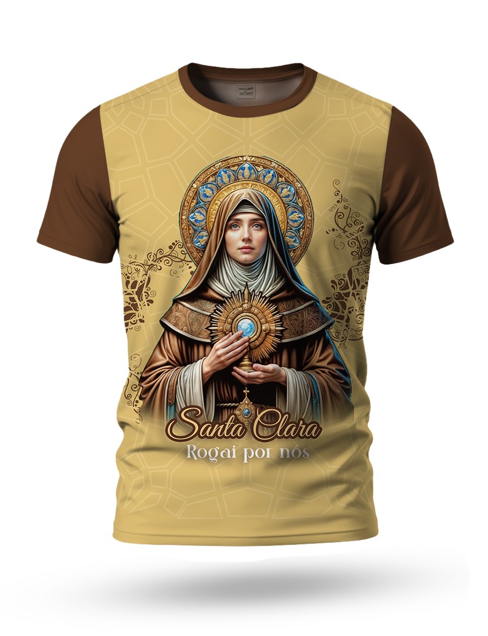 Arte Camiseta de Santa Clara para sublimação 02 tema Bege dourado