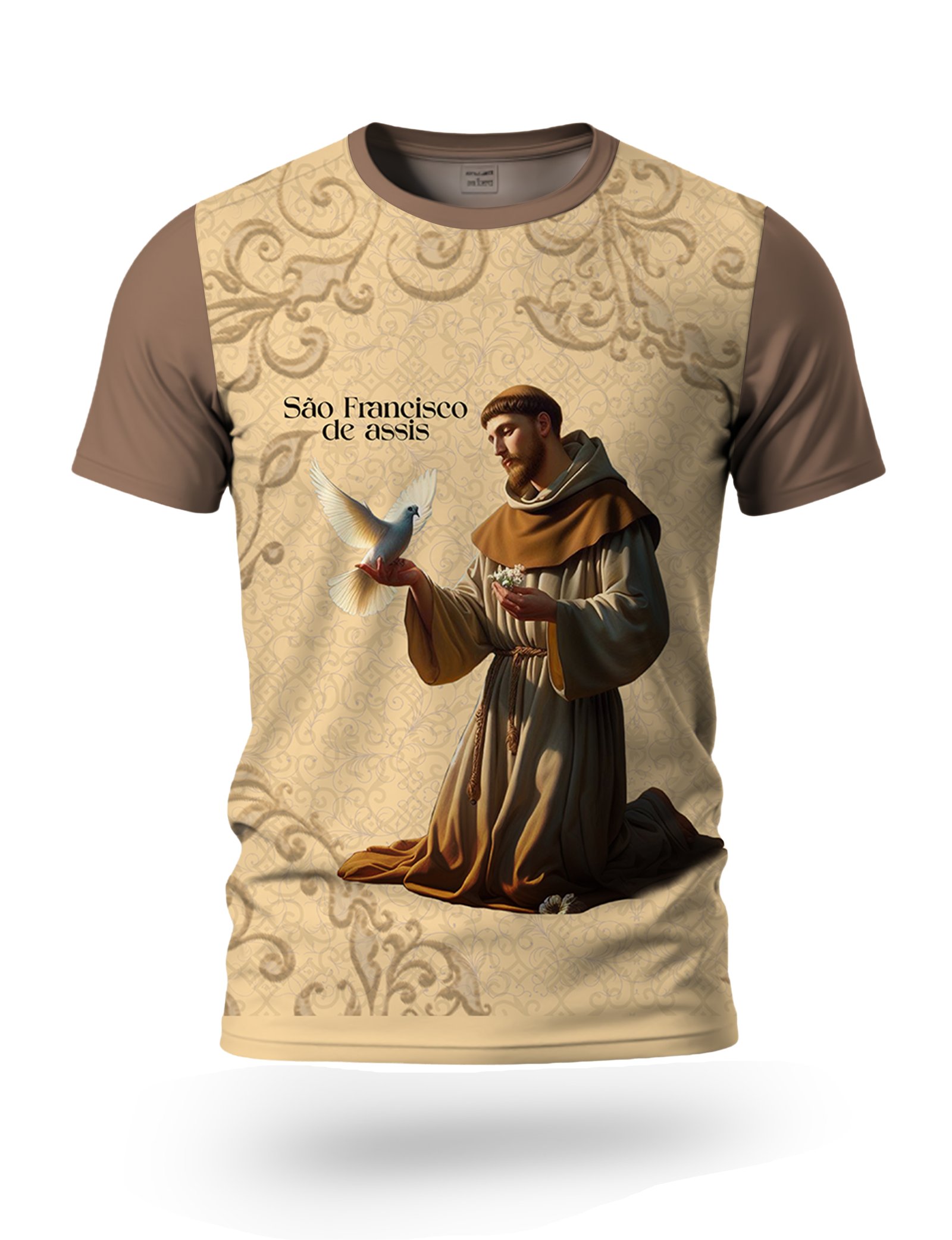 Arte Camiseta São Francisco de Assis 02 tema bege areia